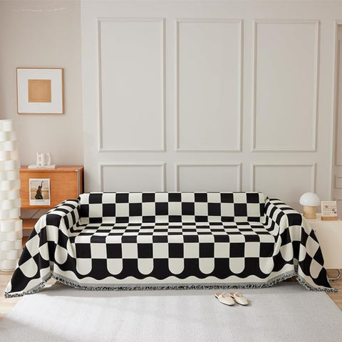 Chic Tasseled Sofa Cover - Cotton-Microfiber Blend, Checkered Design