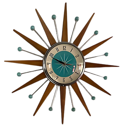 Handcrafted Sunburst Wall Clock Mid-Century Modern Design 16 Inch Silent Battery Operated Decorative Timepiece for Living Room Bedroom