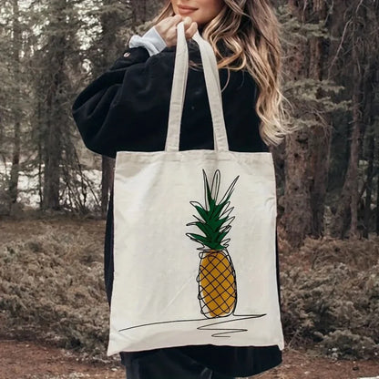 PINELIVA – Stylish Pineapple Print Canvas Tote Bag for Everyday Use