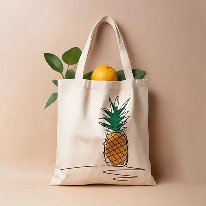 PINELIVA – Stylish Pineapple Print Canvas Tote Bag for Everyday Use