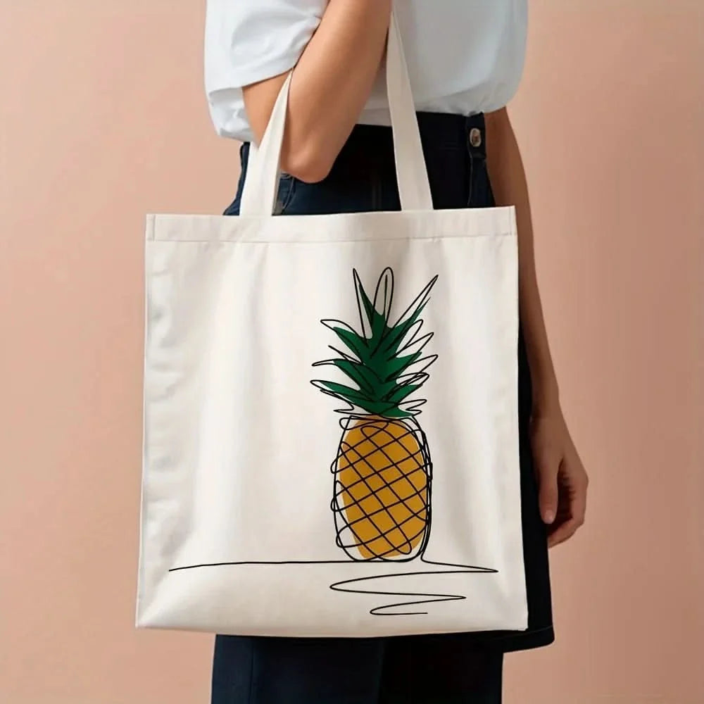 PINELIVA – Stylish Pineapple Print Canvas Tote Bag for Everyday Use