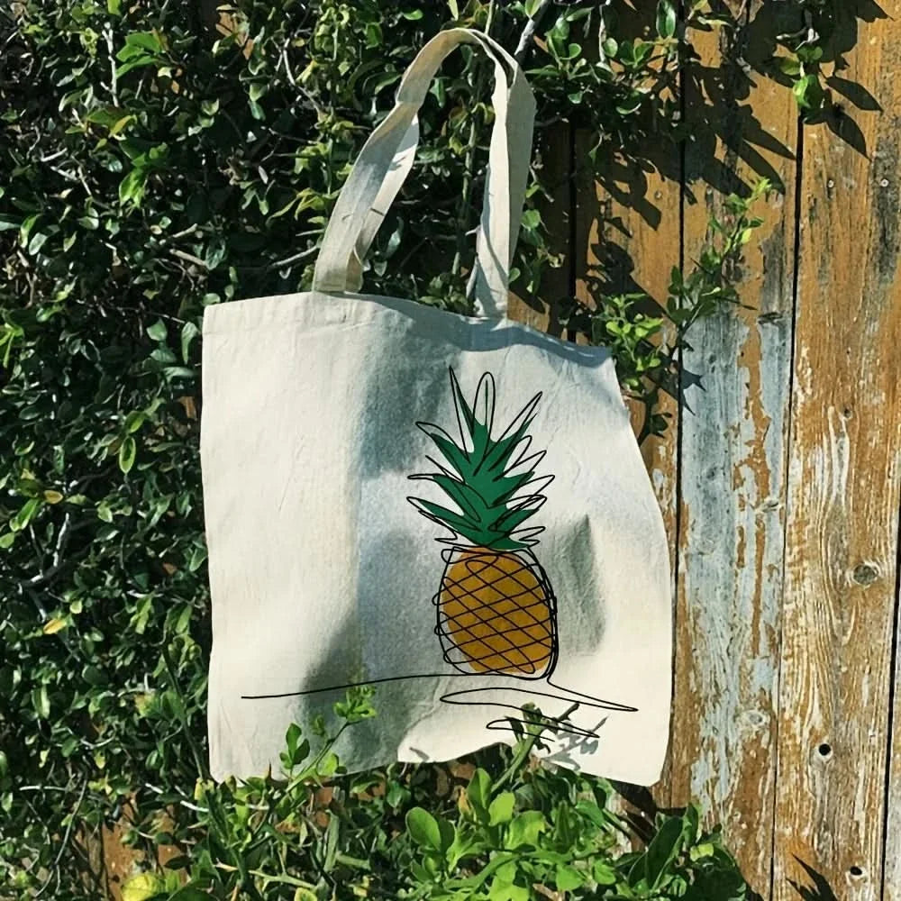 PINELIVA – Stylish Pineapple Print Canvas Tote Bag for Everyday Use