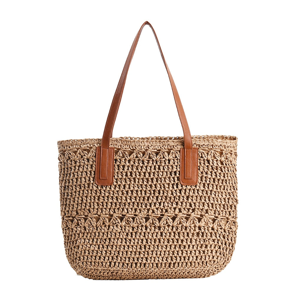 Ortekor Chic Straw Tote Bag with Leather Straps | Stylish Beach Bag for Everyday Use
