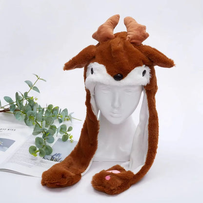 Plush Hat with Pop-Up Ears for Kids & Adults – Interactive Cosplay Beanie with Squeeze Paws | Fun Winter Accessory for Parties, Christmas