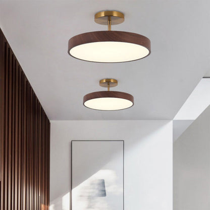 Round LED Flush Mount Ceiling Light with Faux Wood Finish – Iron Frame, Integrated Panel, 220-240V – For Bedroom, Living Room, Dining Room