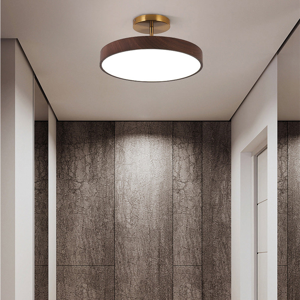 Round LED Flush Mount Ceiling Light with Faux Wood Finish – Iron Frame, Integrated Panel, 220-240V – For Bedroom, Living Room, Dining Room