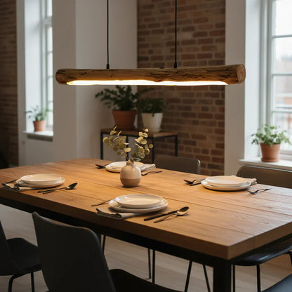 Linear Wood Beam Suspended Light Fixture 31 Inch Natural Finish Dimmable LED Bar Over Island Dining Room Kitchen Adjustable Drop Height Rust