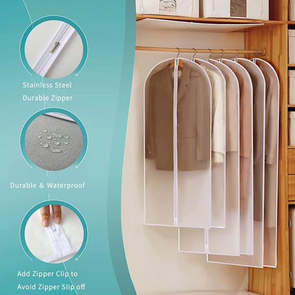 Clear PEVA Garment Storage Bags | Waterproof Clothing Covers with Full-Length Zipper | 12-Pack for Dust Protection and Easy Access