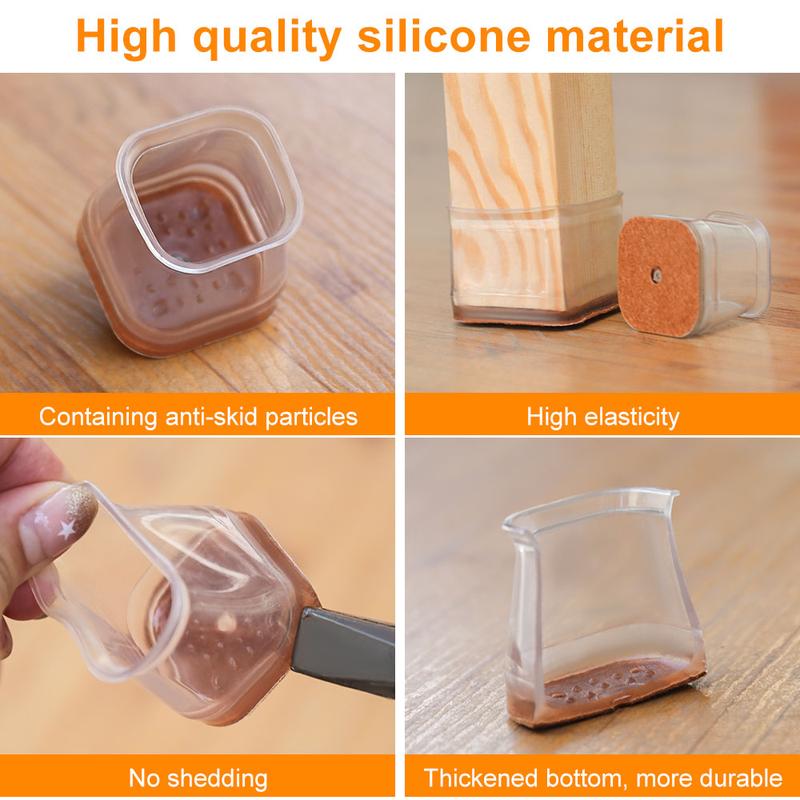 Clear Silicone Chair Leg Caps with Integrated Felt Pads for Smooth Sliding