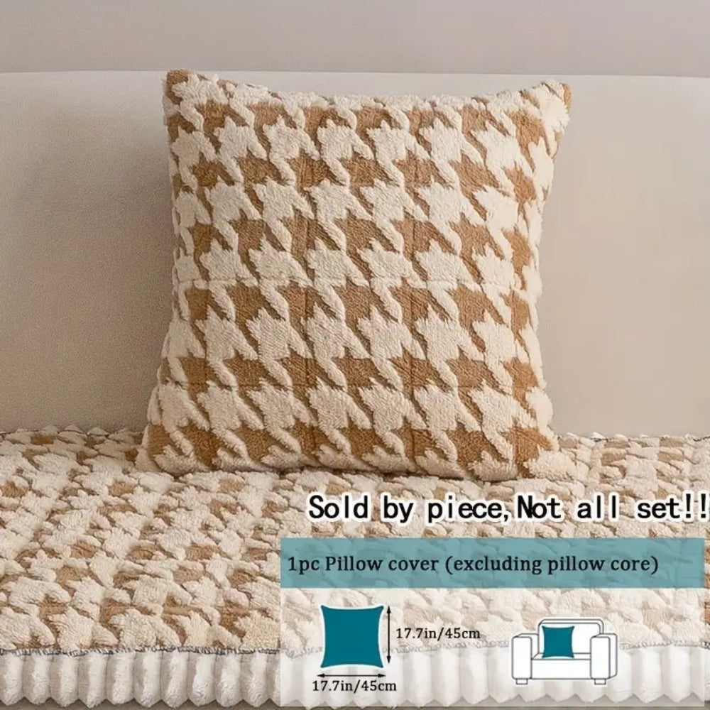 Cleeo Sofa Cover - Plush Microfiber Houndstooth with Ruffle Trim