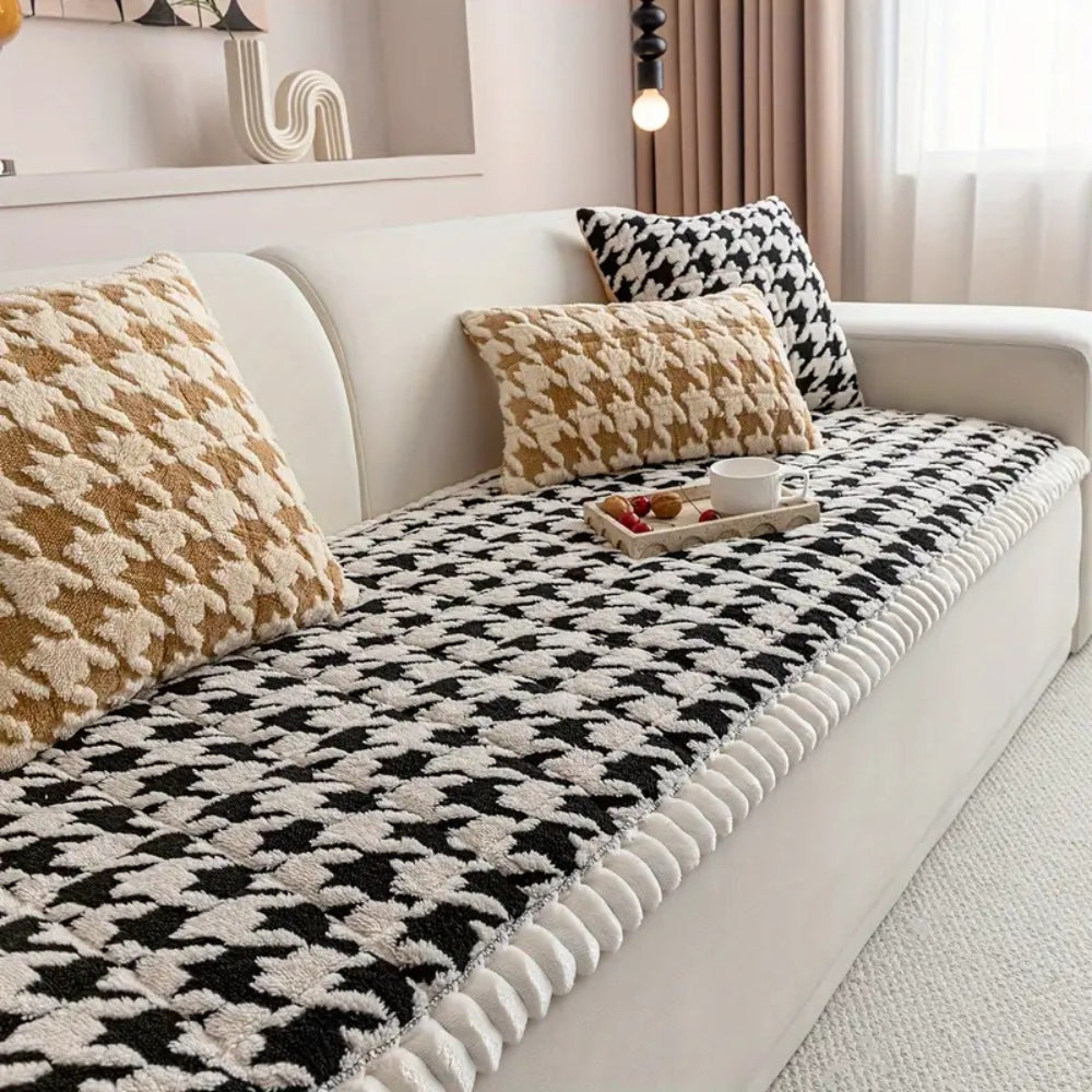 Cleeo Sofa Cover - Plush Microfiber Houndstooth with Ruffle Trim