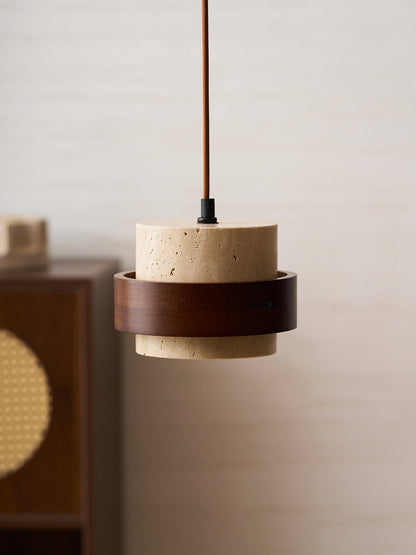 Hanging Lamp with Natural Stone Shade and Wood Trim for Dining Areas, Kitchens, and Islands – Adjustable Height Ceiling Fixture