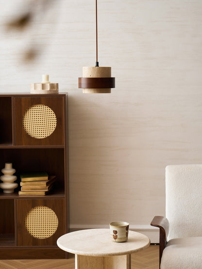 Hanging Lamp with Natural Stone Shade and Wood Trim for Dining Areas, Kitchens, and Islands – Adjustable Height Ceiling Fixture