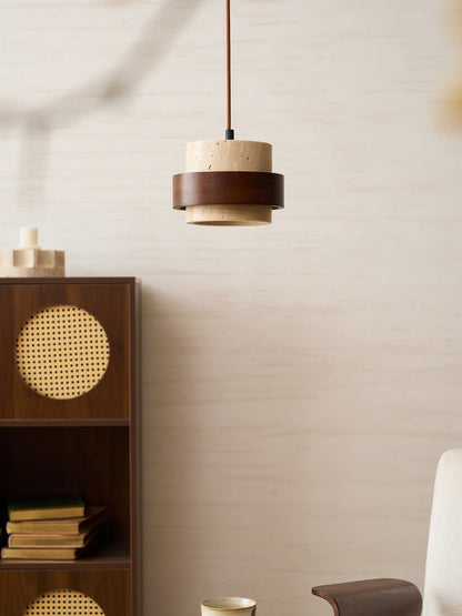 Hanging Lamp with Natural Stone Shade and Wood Trim for Dining Areas, Kitchens, and Islands – Adjustable Height Ceiling Fixture