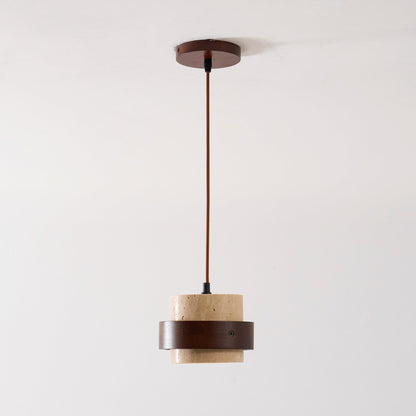 Hanging Lamp with Natural Stone Shade and Wood Trim for Dining Areas, Kitchens, and Islands – Adjustable Height Ceiling Fixture