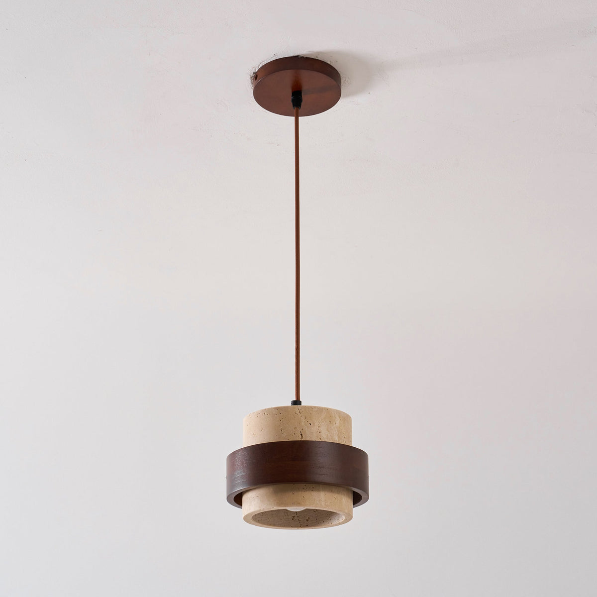 Hanging Lamp with Natural Stone Shade and Wood Trim for Dining Areas, Kitchens, and Islands – Adjustable Height Ceiling Fixture