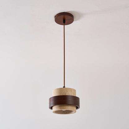 Hanging Lamp with Natural Stone Shade and Wood Trim for Dining Areas, Kitchens, and Islands – Adjustable Height Ceiling Fixture