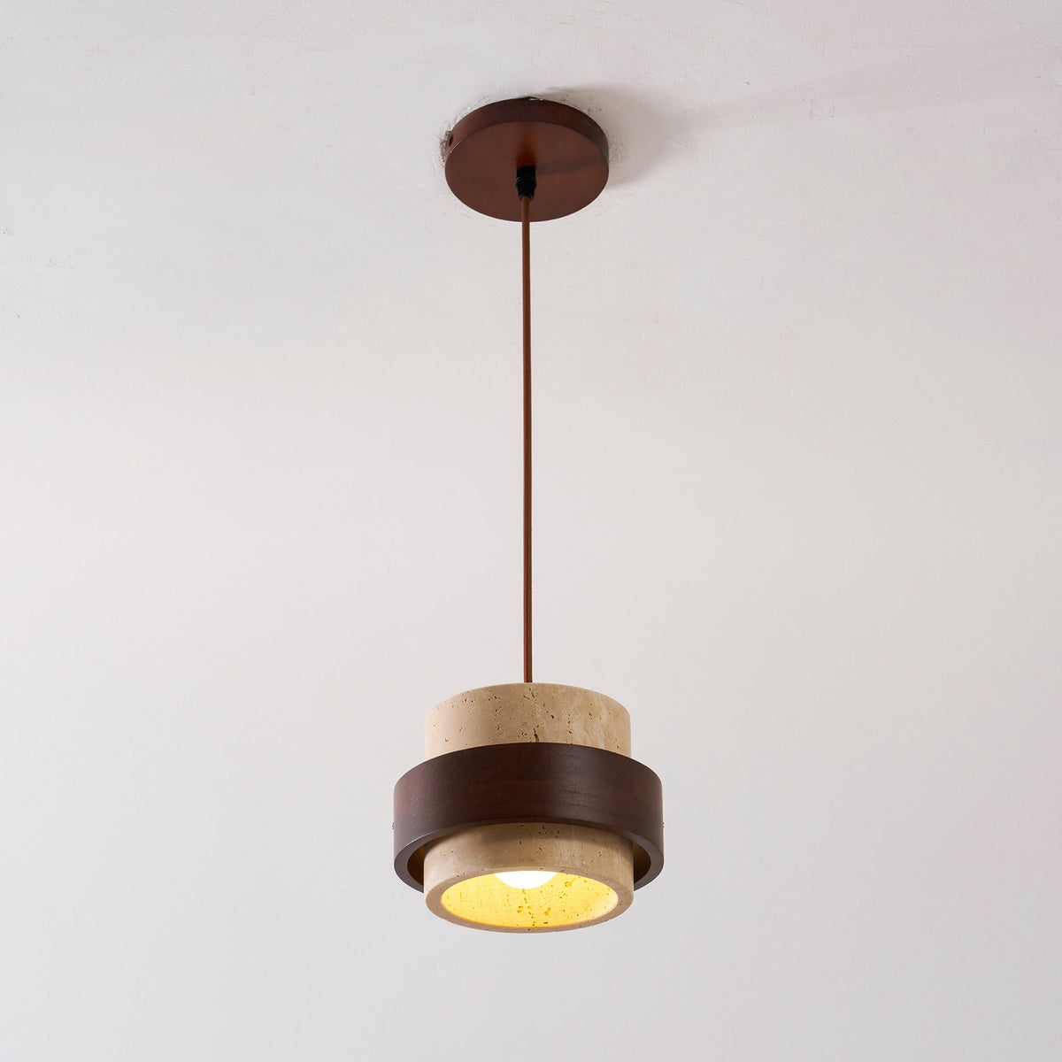 Hanging Lamp with Natural Stone Shade and Wood Trim for Dining Areas, Kitchens, and Islands – Adjustable Height Ceiling Fixture