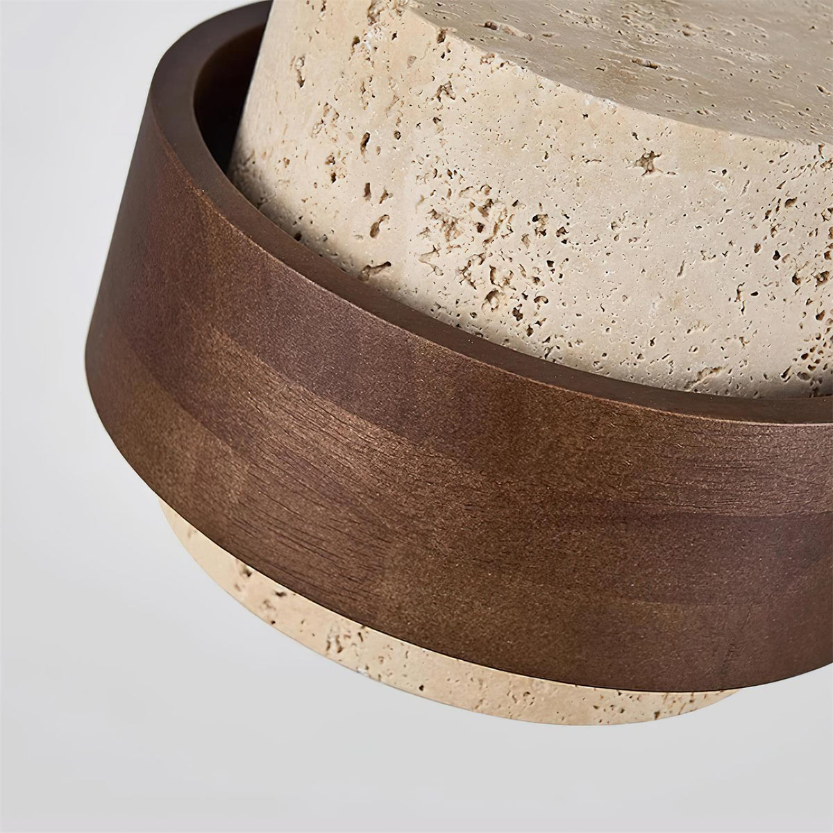 Travertine Stone Pendant Light with Walnut Wood Accent Band – Natural Cylindrical Hanging Fixture for Kitchen & Dining