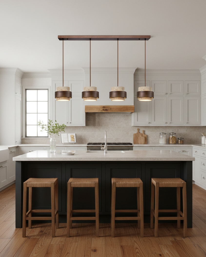 Hanging Lamp with Natural Stone Shade and Wood Trim for Dining Areas, Kitchens, and Islands – Adjustable Height Ceiling Fixture