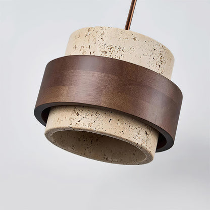 Hanging Lamp with Natural Stone Shade and Wood Trim for Dining Areas, Kitchens, and Islands – Adjustable Height Ceiling Fixture