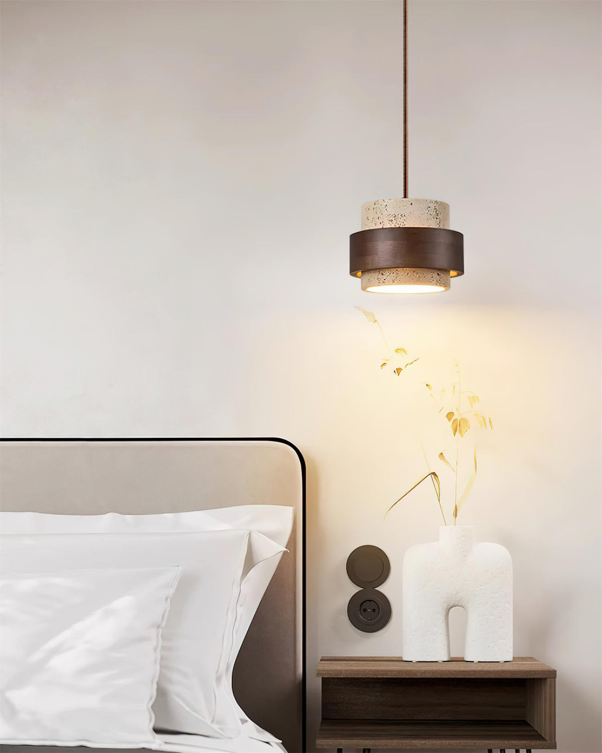 Hanging Lamp with Natural Stone Shade and Wood Trim for Dining Areas, Kitchens, and Islands – Adjustable Height Ceiling Fixture