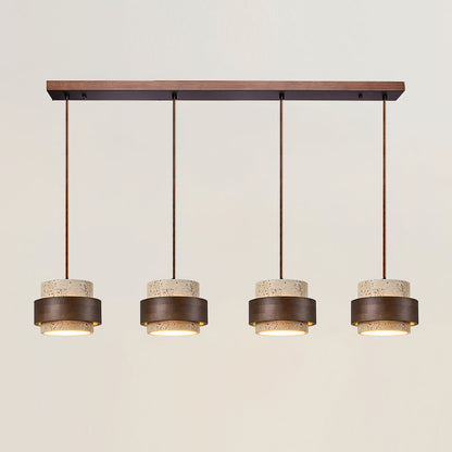 Travertine Stone Pendant Light with Walnut Wood Accent Band – Natural Cylindrical Hanging Fixture for Kitchen & Dining