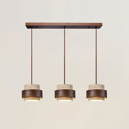 Hanging Lamp with Natural Stone Shade and Wood Trim for Dining Areas, Kitchens, and Islands – Adjustable Height Ceiling Fixture