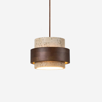 Hanging Lamp with Natural Stone Shade and Wood Trim for Dining Areas, Kitchens, and Islands – Adjustable Height Ceiling Fixture