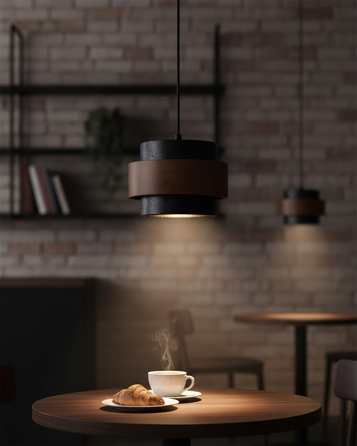 Hanging Lamp with Natural Stone Shade and Wood Trim for Dining Areas, Kitchens, and Islands – Adjustable Height Ceiling Fixture
