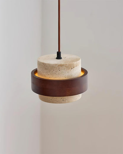 Hanging Lamp with Natural Stone Shade and Wood Trim for Dining Areas, Kitchens, and Islands – Adjustable Height Ceiling Fixture
