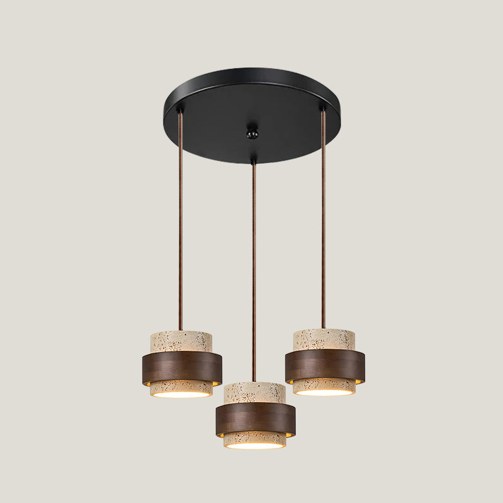 Travertine Stone Pendant Light with Walnut Wood Accent Band – Natural Cylindrical Hanging Fixture for Kitchen & Dining