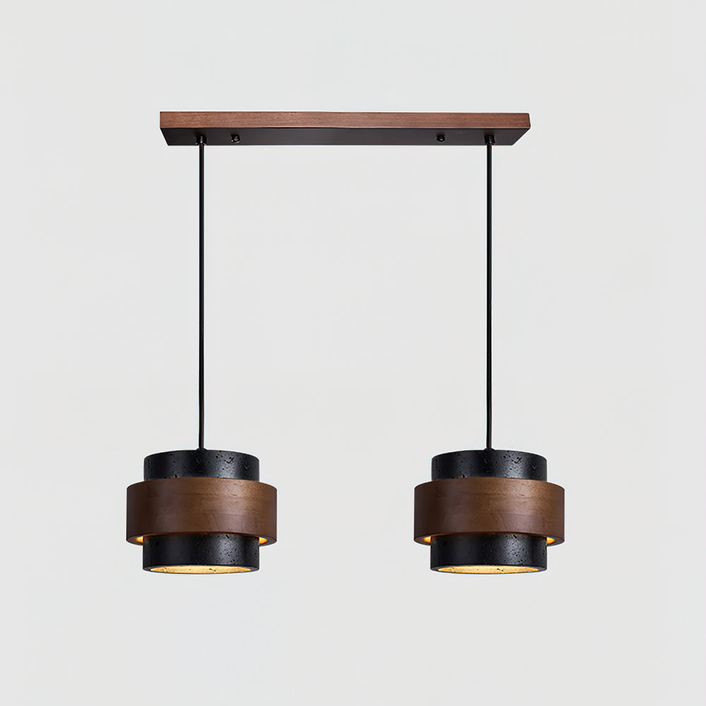 Hanging Lamp with Natural Stone Shade and Wood Trim for Dining Areas, Kitchens, and Islands – Adjustable Height Ceiling Fixture