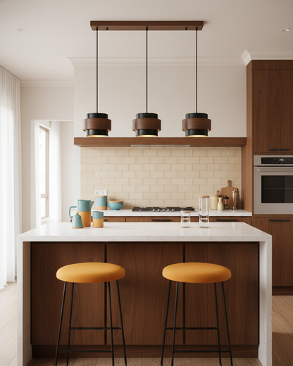 Hanging Lamp with Natural Stone Shade and Wood Trim for Dining Areas, Kitchens, and Islands – Adjustable Height Ceiling Fixture