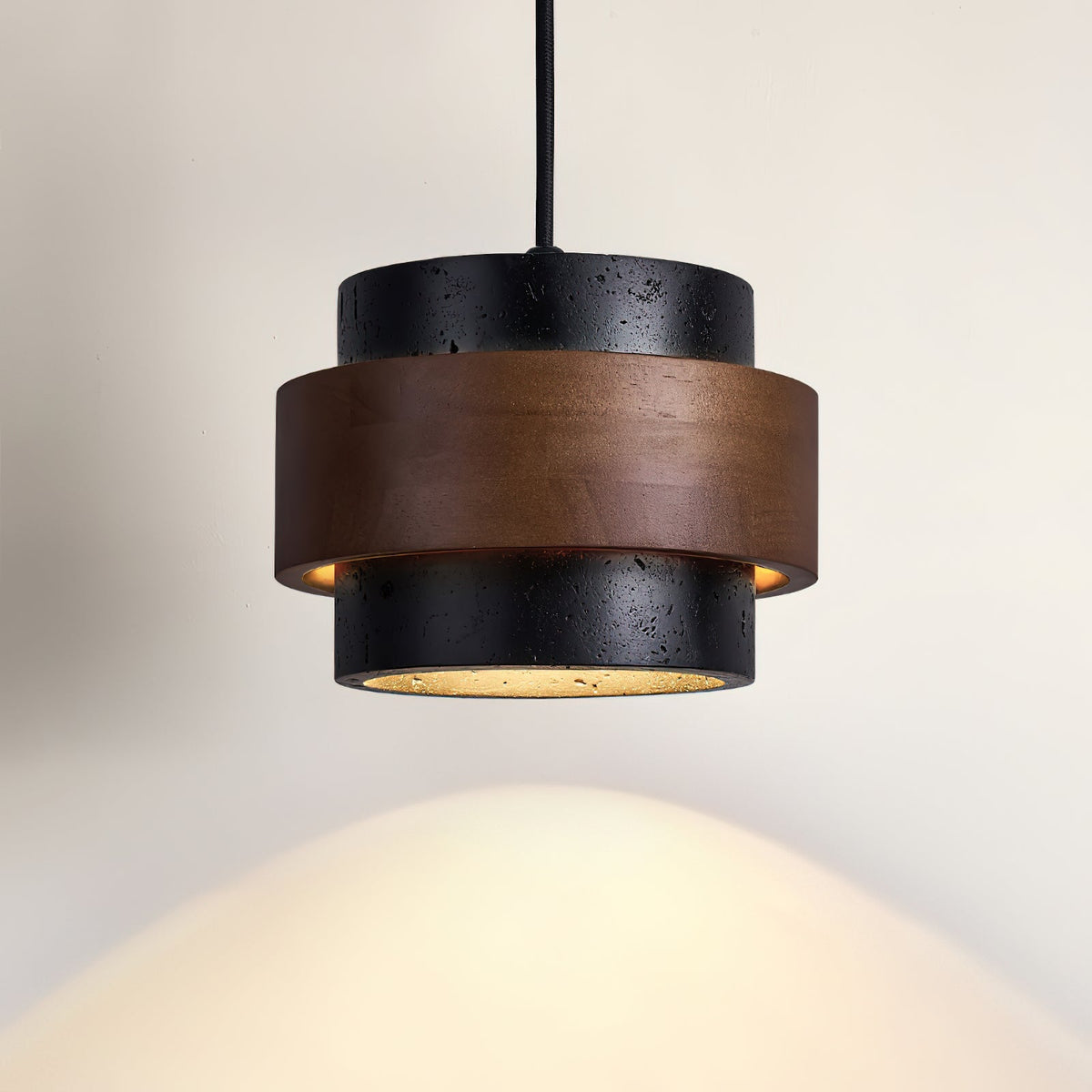 Hanging Lamp with Natural Stone Shade and Wood Trim for Dining Areas, Kitchens, and Islands – Adjustable Height Ceiling Fixture