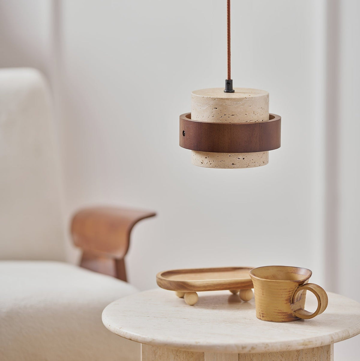 Travertine Stone Pendant Light with Walnut Wood Accent Band – Natural Cylindrical Hanging Fixture for Kitchen & Dining