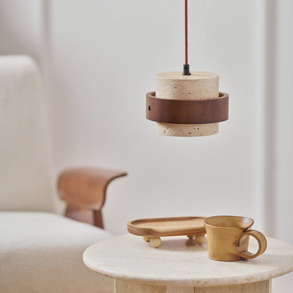 Travertine Stone Pendant Light with Walnut Wood Accent Band – Natural Cylindrical Hanging Fixture for Kitchen & Dining