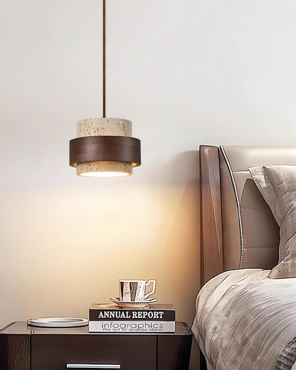 Hanging Lamp with Natural Stone Shade and Wood Trim for Dining Areas, Kitchens, and Islands – Adjustable Height Ceiling Fixture