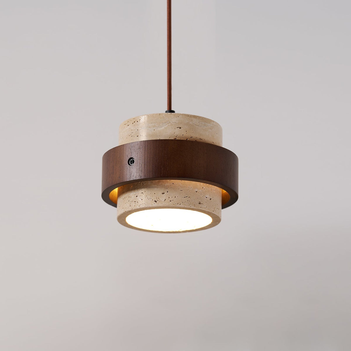Travertine Stone Pendant Light with Walnut Wood Accent Band – Natural Cylindrical Hanging Fixture for Kitchen & Dining