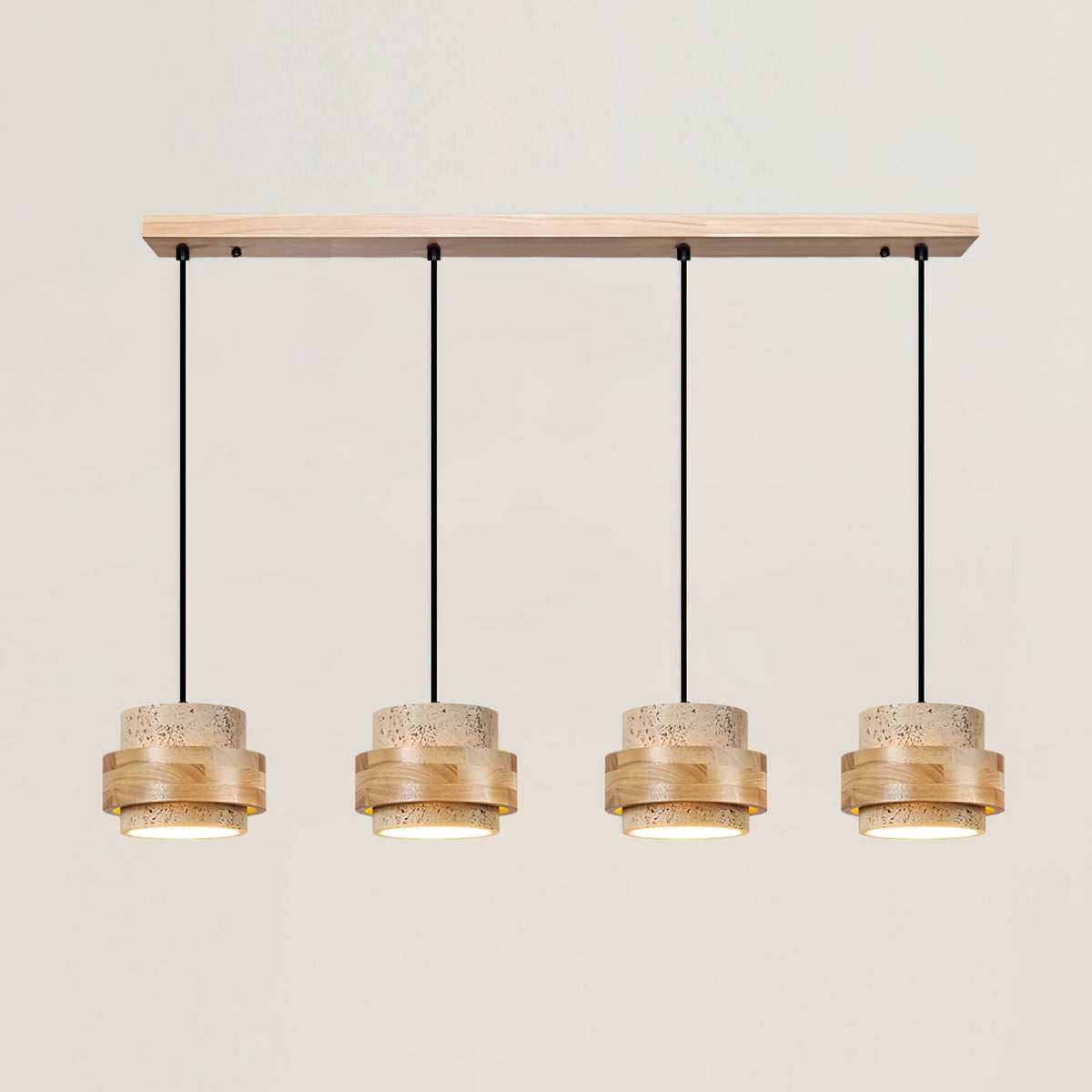 Hanging Lamp with Natural Stone Shade and Wood Trim for Dining Areas, Kitchens, and Islands – Adjustable Height Ceiling Fixture