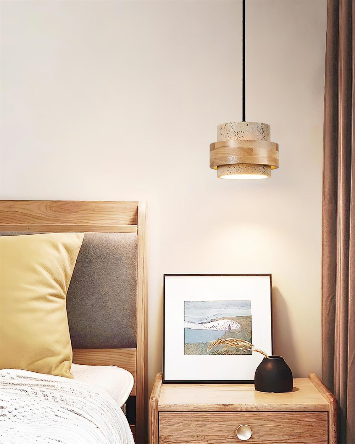 Hanging Lamp with Natural Stone Shade and Wood Trim for Dining Areas, Kitchens, and Islands – Adjustable Height Ceiling Fixture