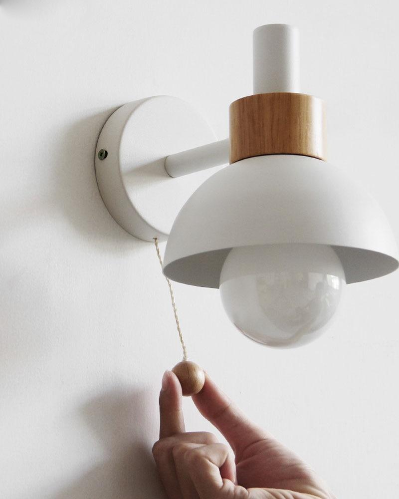 Sphere Sconce Light with Pull Cord Wood & Metal Fixture 6 in Pastel E26 Socket for Bedrooms Hallways Nurseries Entryways Modern Nordic Style