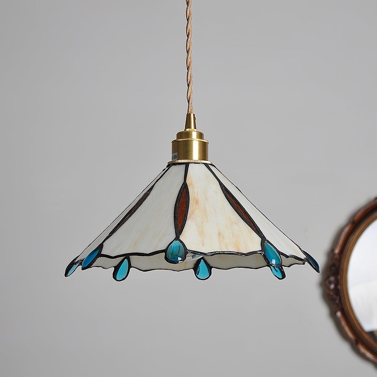 Tiffany Cone Glass Hanging Light with Adjustable Cord for Kitchen Island, Dining Table, Bedroom – Handcrafted Art Glass Ceiling Fixture in M