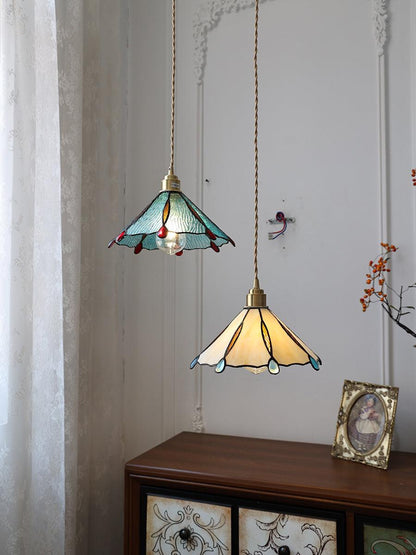 Tiffany Cone Glass Hanging Light with Adjustable Cord for Kitchen Island, Dining Table, Bedroom – Handcrafted Art Glass Ceiling Fixture in M