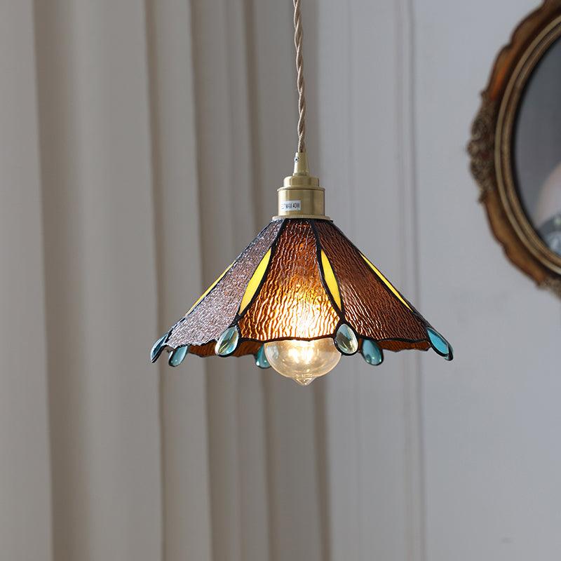 Tiffany Cone Glass Hanging Light with Adjustable Cord for Kitchen Island, Dining Table, Bedroom – Handcrafted Art Glass Ceiling Fixture in M