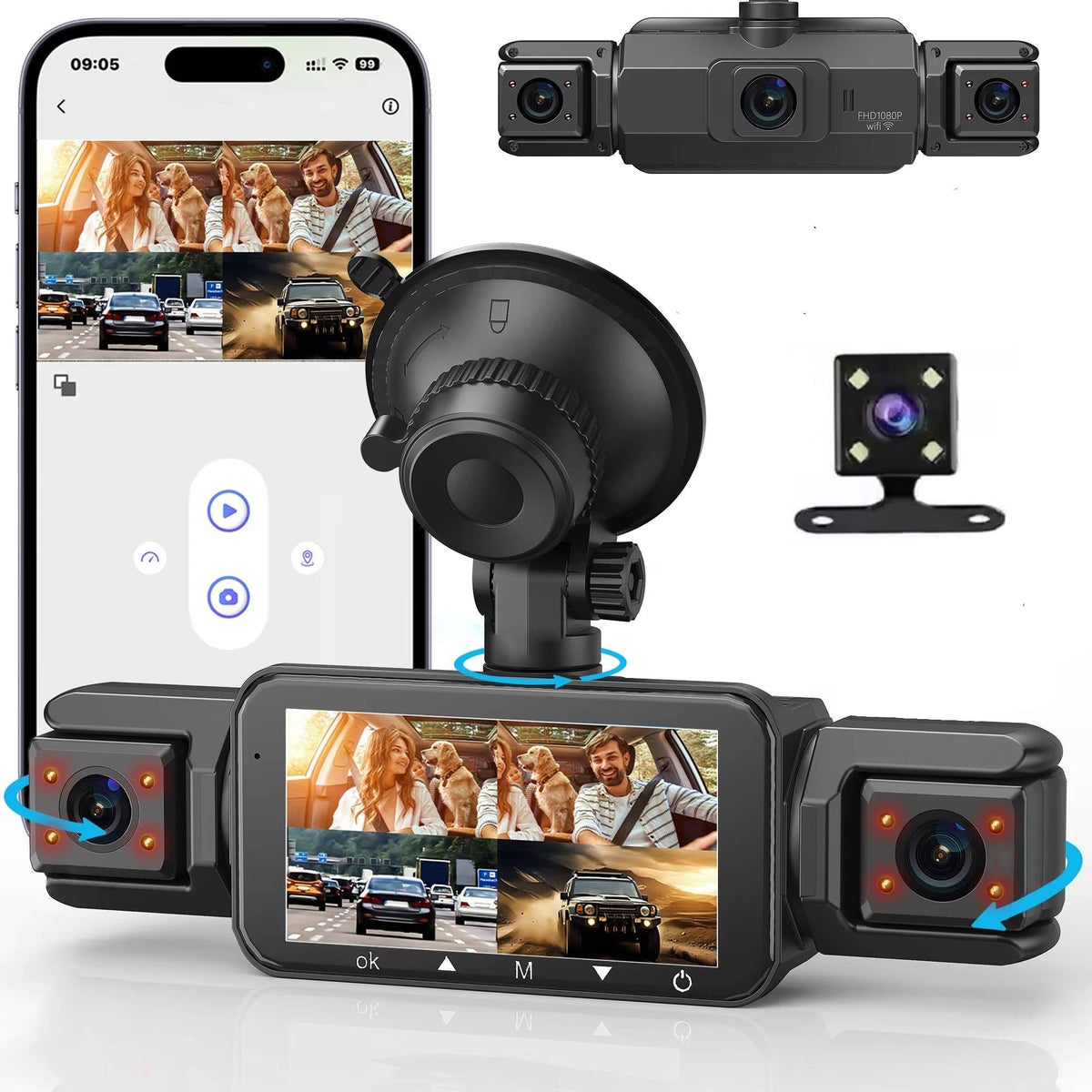 Wireless Dash Cam Front and Rear, 4 Channel Car Dash Camera, Night Vision Camera with Parking Monitor, WiFi Car Camera
