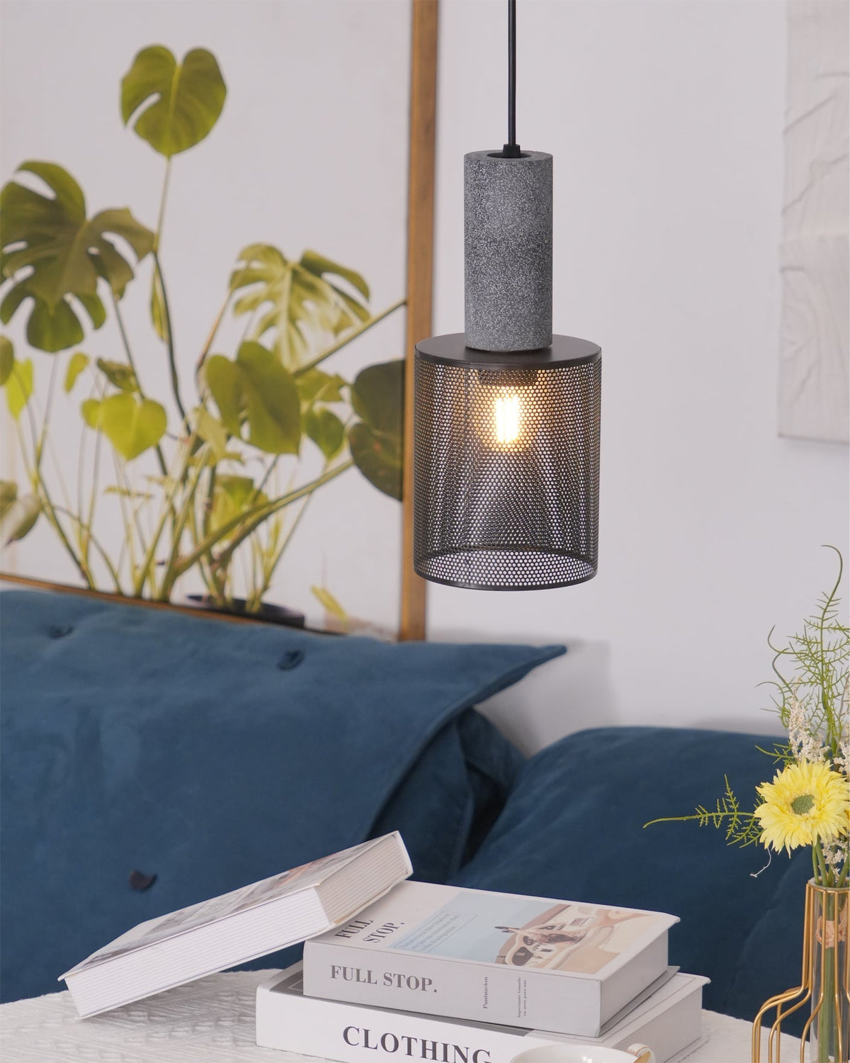 Industrial Concrete Hanging Light Fixture with Metal Accent for Dining Room, Kitchen Island & Bedroom – Adjustable Cord, E26 Socket, Modern