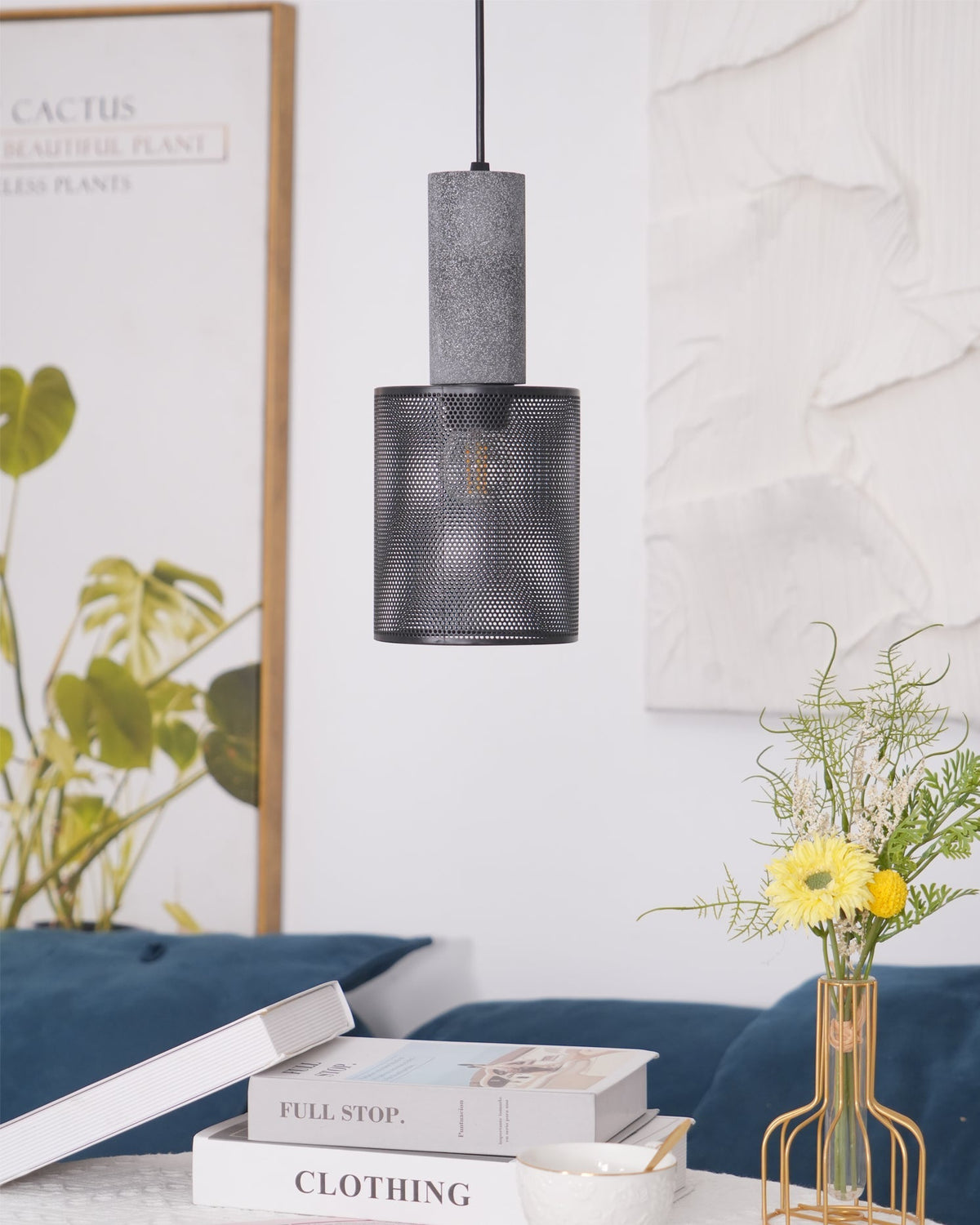 Industrial Concrete Hanging Light Fixture with Metal Accent for Dining Room, Kitchen Island & Bedroom – Adjustable Cord, E26 Socket, Modern