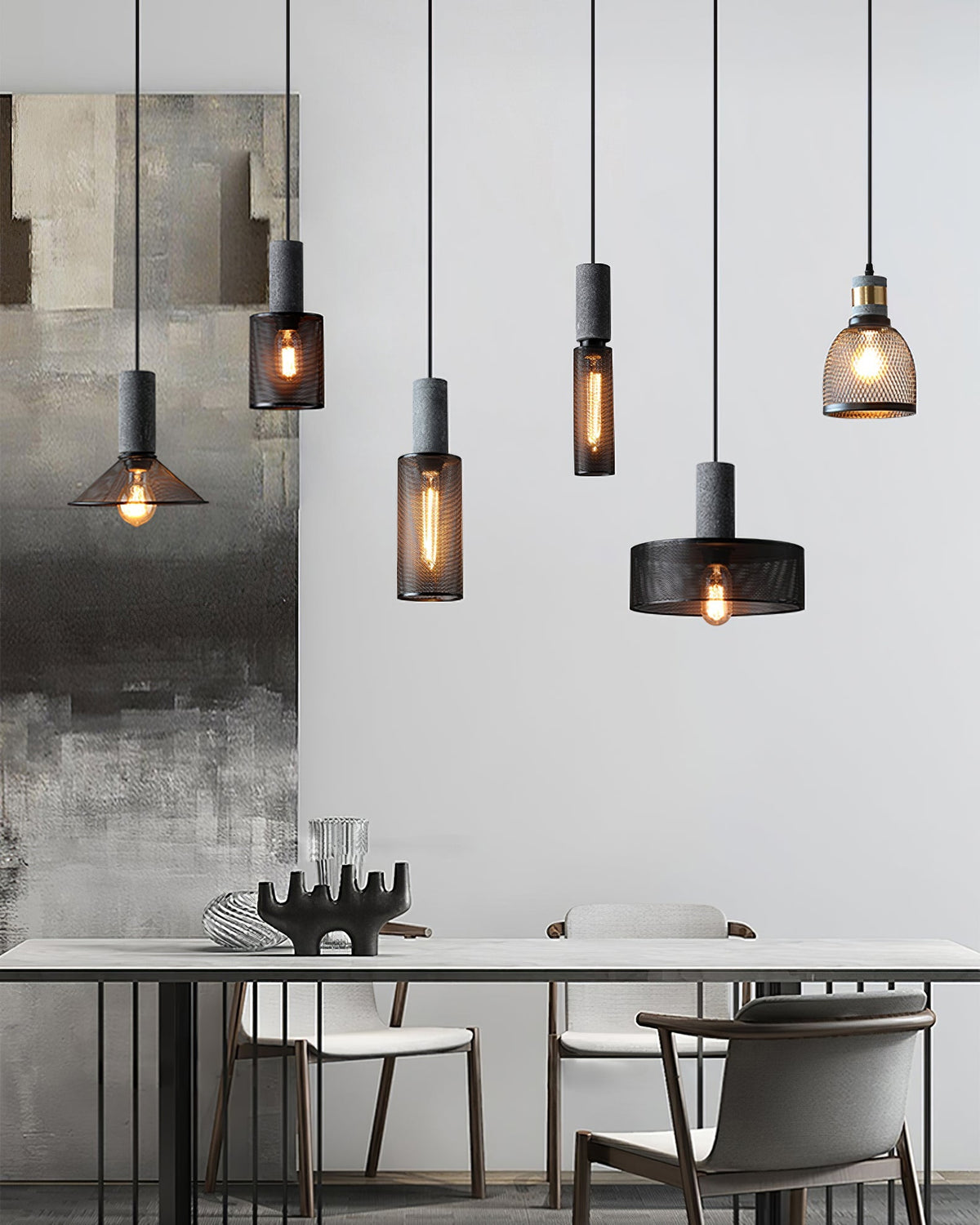 Industrial Concrete Hanging Light Fixture with Metal Accent for Dining Room, Kitchen Island & Bedroom – Adjustable Cord, E26 Socket, Modern