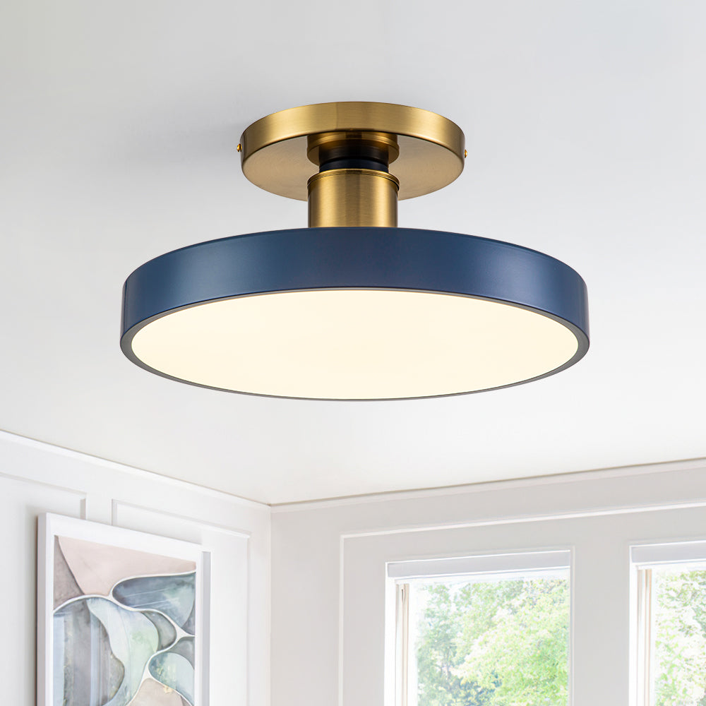 16-Inch Round LED Semi-Flush Ceiling Fixture Navy Blue with Brass Trim Dimmable 5 Color Temperatures for Bedroom Living Room Kitchen Hallway